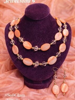 JewelMint Peach Beaded Necklace & Earrings Set Soft Glam Y2K
